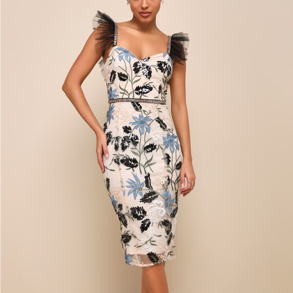Show Stopper Cream Embroidered Sequin Bodycon Midi Dress